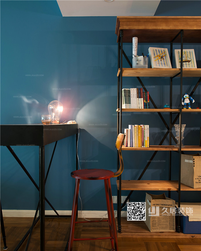 书桌-久居装饰 北欧工业风 蓝色与米色的鲜明视觉对比 简约有型的国际风范