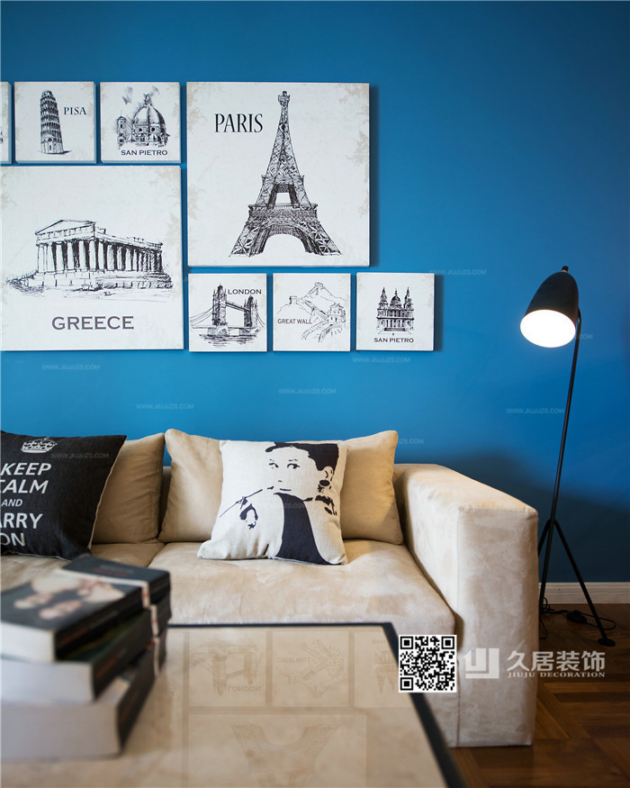 客厅-沙发-落地灯-久居装饰 北欧工业风 蓝色与米色的鲜明视觉对比 简约有型的国际风范