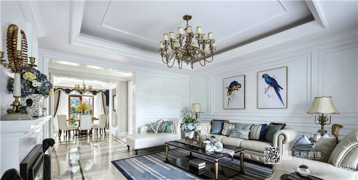 法式风格-客厅吊顶-沙发背景挂画-当纯白遇上法式 330㎡法式复古风格